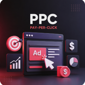 Pay Per Click PPC advertising campaign with targeted ads, clicks, budget, and performance analytics