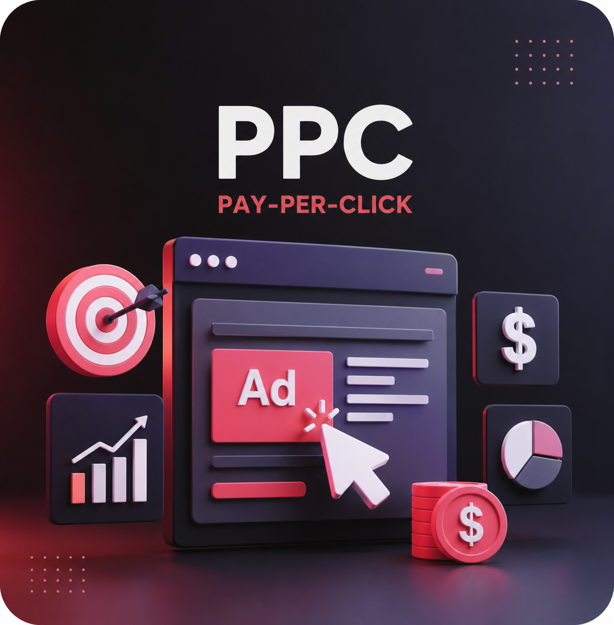 Pay Per Click PPC advertising campaign with targeted ads, clicks, budget, and performance analytics