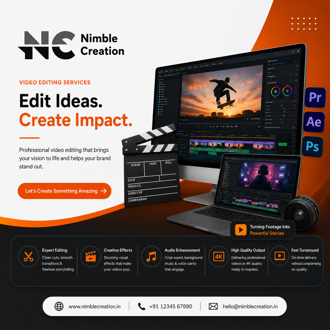 Professional video editing services with creative effects, audio enhancement, 4K video editing, and fast turnaround