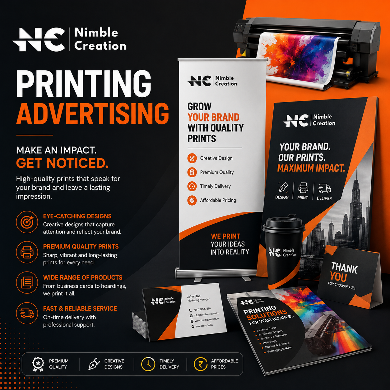 Printing advertising services with business cards, brochures, banners, flyers, posters, and premium quality prints