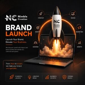 Brand launch strategy with creative design, marketing, audience targeting, and business growth